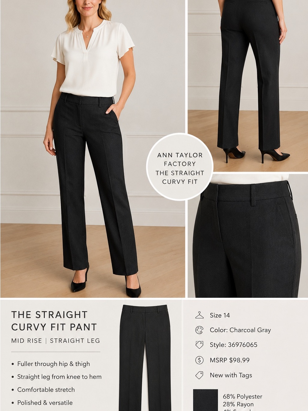 Ann Taylor Straight Curvy Fit Pants in Charcoal Gray NWT Size 14